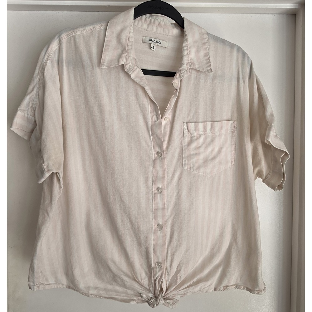 Madewell Button Down Shirt Women M Striped Cream Pink Cotton Casual Blouse Top